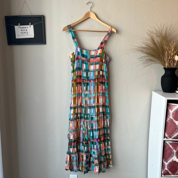 Marie Oliver Petra Multicolor Plaid Sleeveless Square Neck Flounce Midi Dress S - Picture 2 of 9